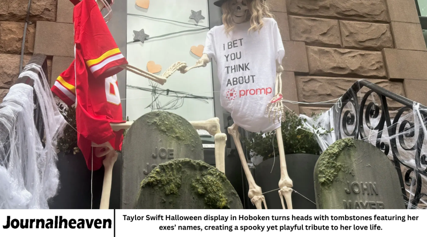 Taylor Swift Halloween display in Hoboken turns heads with tombstones featuring her exes’ names, creating a spooky yet playful tribute to her love life.